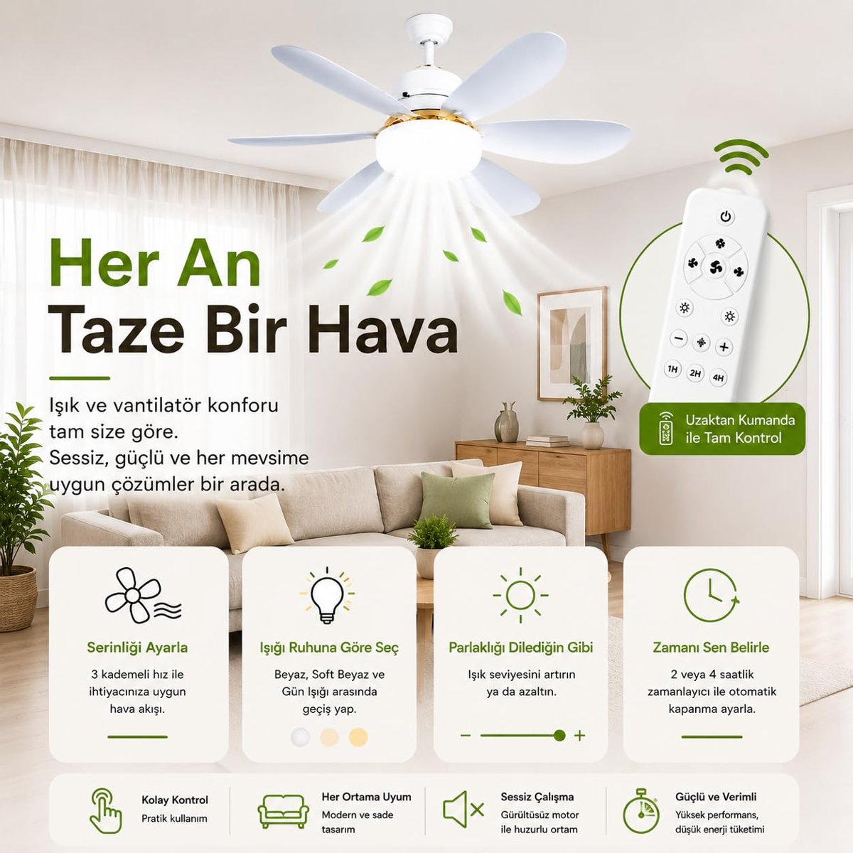 52 cm Kumandalı Işıklı Tavan Vantilatörü, E27 Duy Tipi 6 Kanatlı Fan Lamba, 3 Kademeli Hız, 3 Renk LED Aydınlatma,