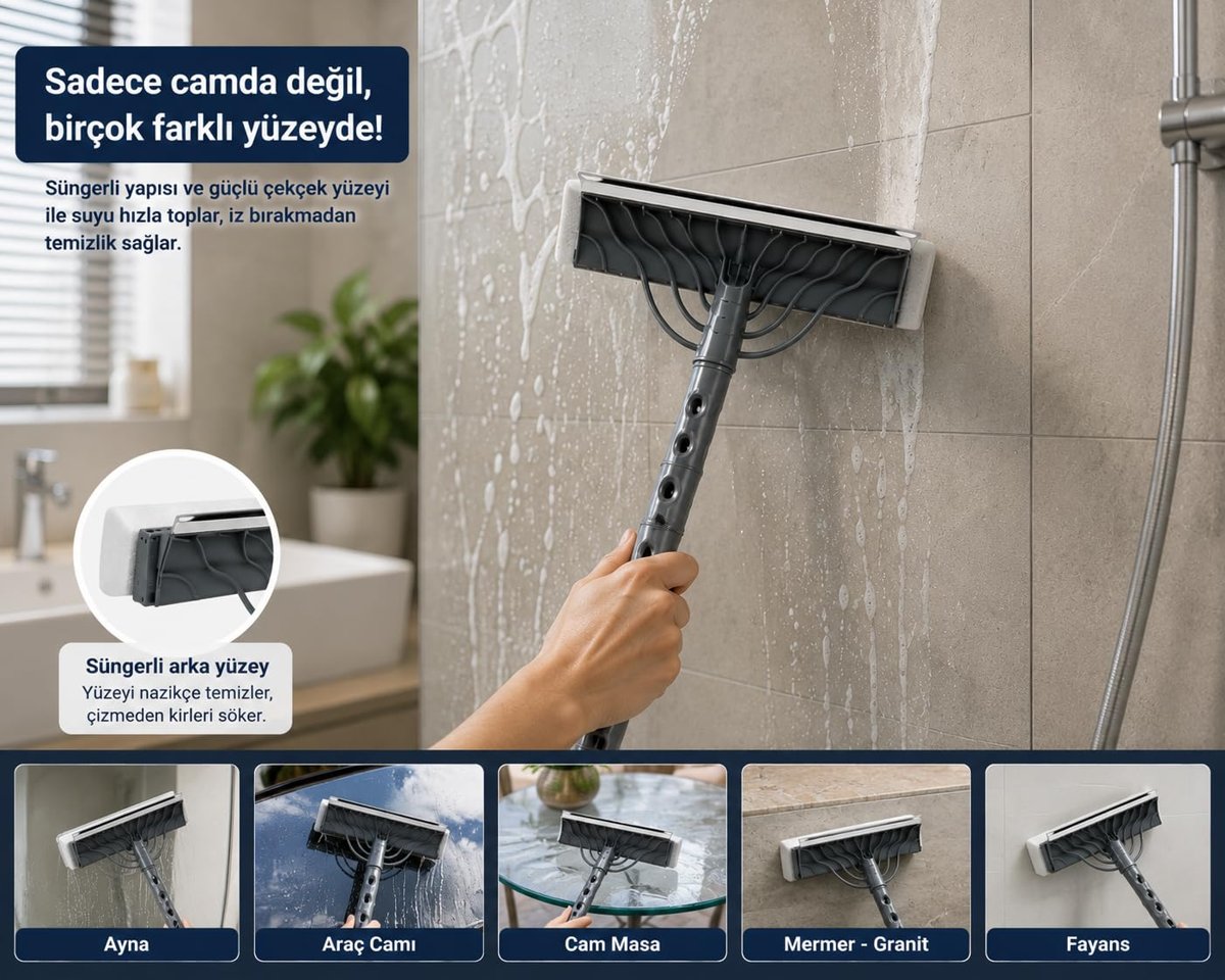 Çift Taraflı Süngerli Cam Sil Aparatı 22 cm Çekçekli Temizlik Aleti Ergonomik Saplı Pencere Duşakabin Ayna Araç Camı Fayans Mermer Parlak Yüzeyler İçin İz Bırakmayan Pratik Silme Ekipmanı