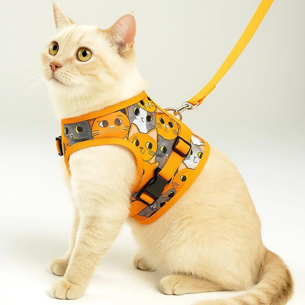Kedi Tasması, Kaçış Önleyici, Renkli Kumaş, Ayarlanabilir Göğüs Tasması, Küçük Irk Kediler için (Turuncu Desenli, Small)