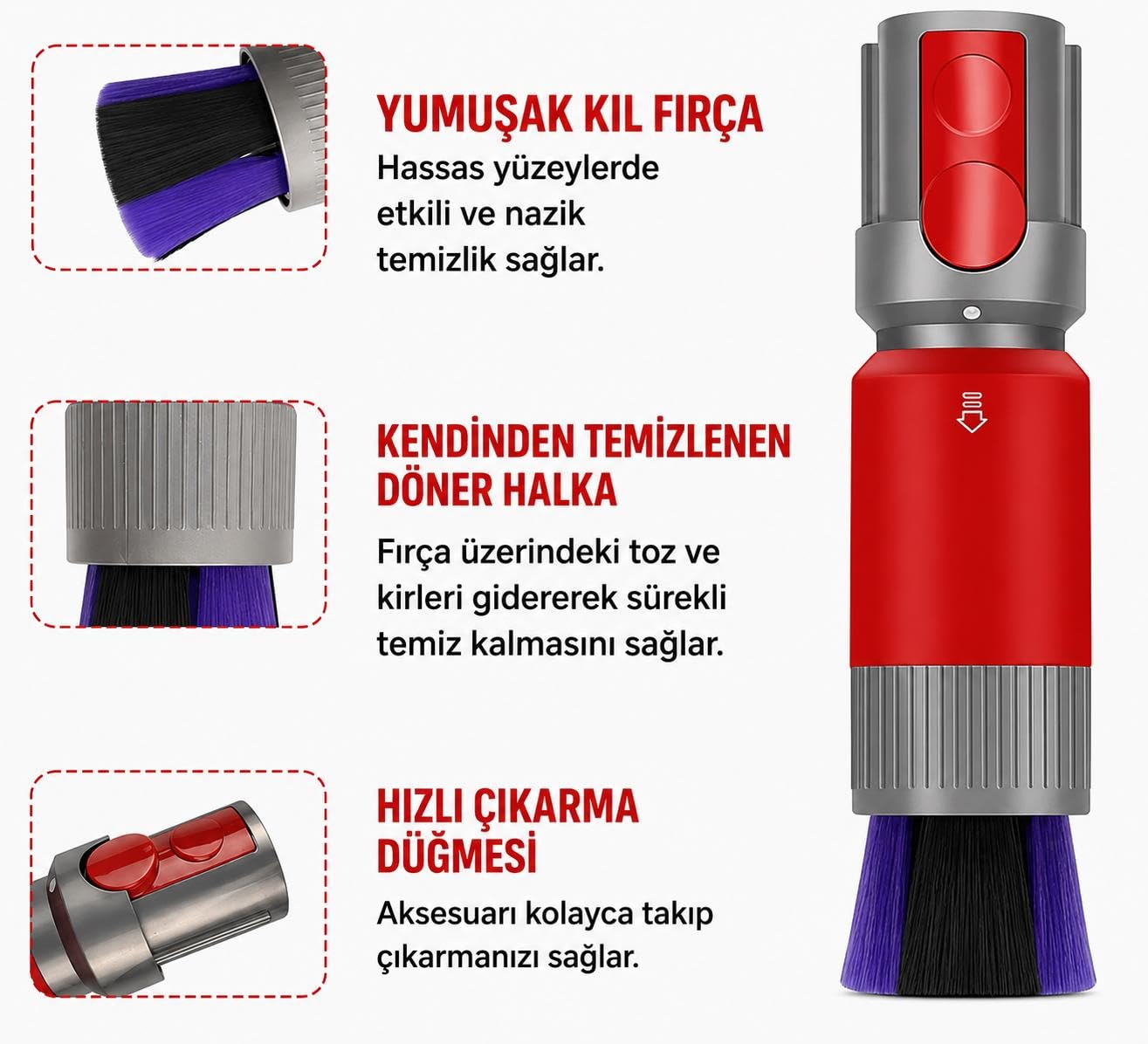 Valkyrie Dyson V7 V8 V10 V11 V15 Outsize Uyumlu Kendinden Temizlemeli Yumuşak Toz Alma Fırçası