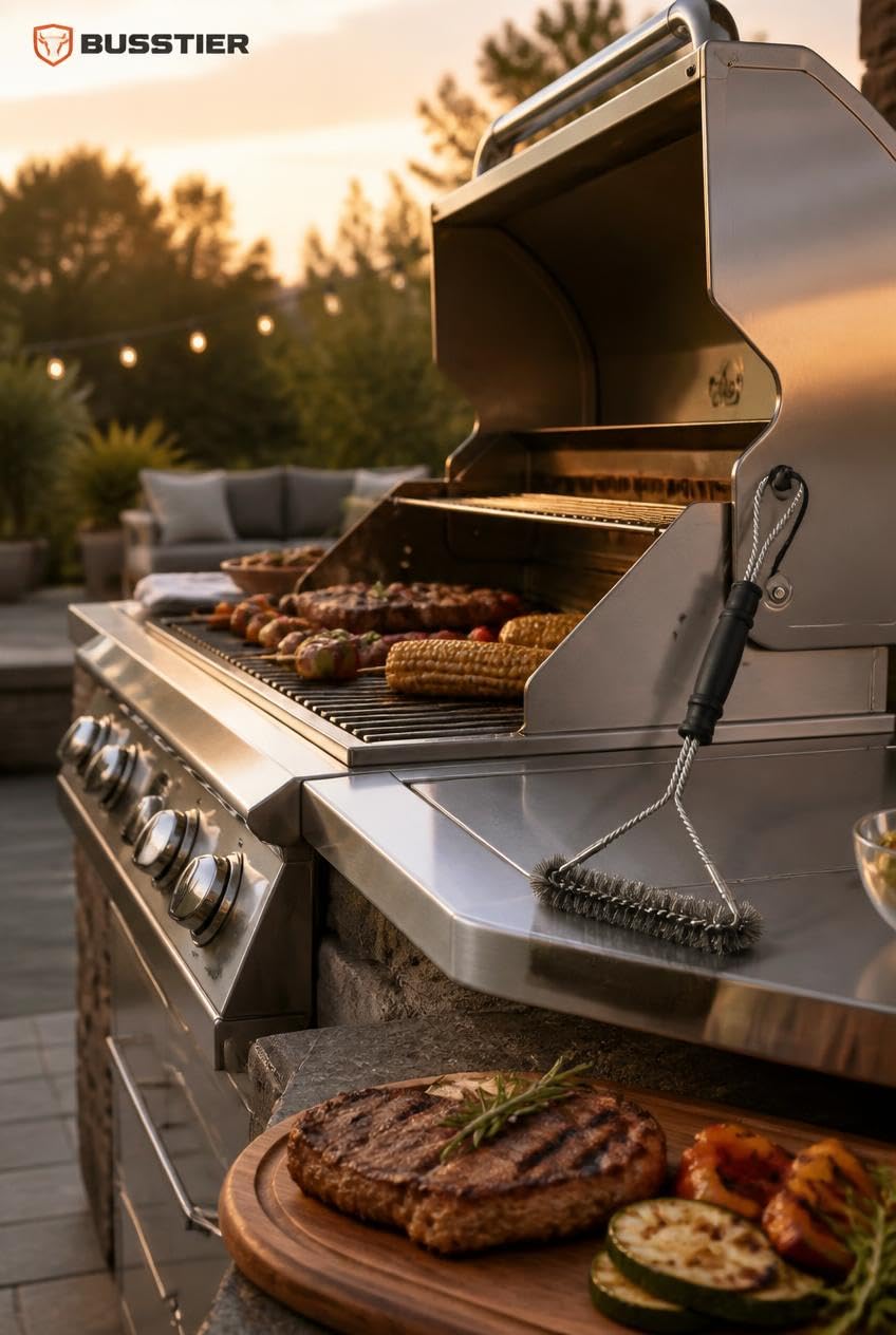 Busstier Barbekü ve Mangal Temizleme Fırçası, Izgara Teli ve Pişirme Yüzeyi Temizliği İçin Üçgen Başlıklı Siyah Saplı, 30 x 16,5 cm