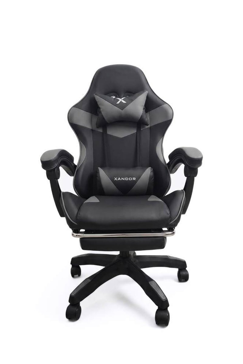 XANDOR XG300 Oyuncu Koltuğu Ayak Dayamalı Gaming Koltuk Çift Renk Deri 135° Yatabilen Boyun Bel Yastıklı Bilgisayar Sandalyesi - Gri
