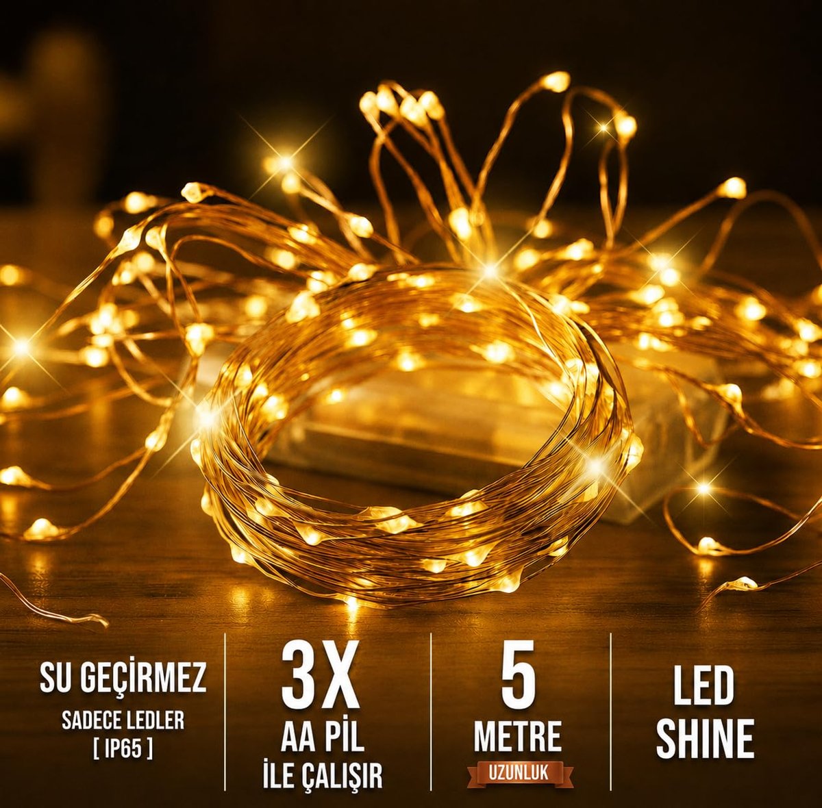 Peri Led 5 Metre Gün Işığı Sarı İki Fonksiyonlu Pilli Dekoratif Aydınlatma Süsleme Parti Led Işık Yılbaşı Led Işık Süsleme Dekorasyon Işığı Şerit