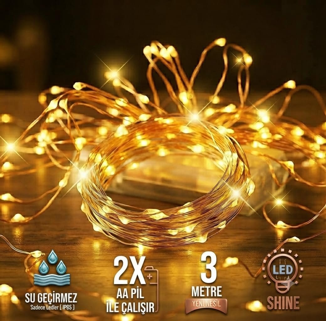 3 Metre Peri Led (2 adet) Gün Işığı Sarı Bir Sabit Fonksiyonlu Pilli Dekoratif Aydınlatma Süsleme Parti Led Işık Yılbaşı Süsleme Dekorasyon Işığı Şerit