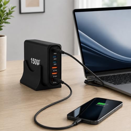 Orret Home 150W GaN Hızlı Şarj İstasyonu, 6 Portlu Masaüstü Şarj Aleti, 3 USB-C Type-C ve 3 USB-A Girişli Çoklu Adaptör, Telefon Tablet Laptop İçin Akıllı Güç Dağıtımlı Şarj Cihazı