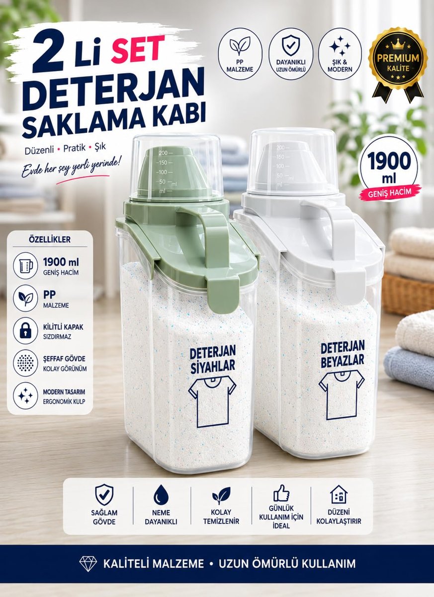 2’li Ölçekli 1900 ml Hava Almaz Toz Deterjan Saklama Kabı Çift Contalı Banyo Organizeri, Beyaz - Yeşil