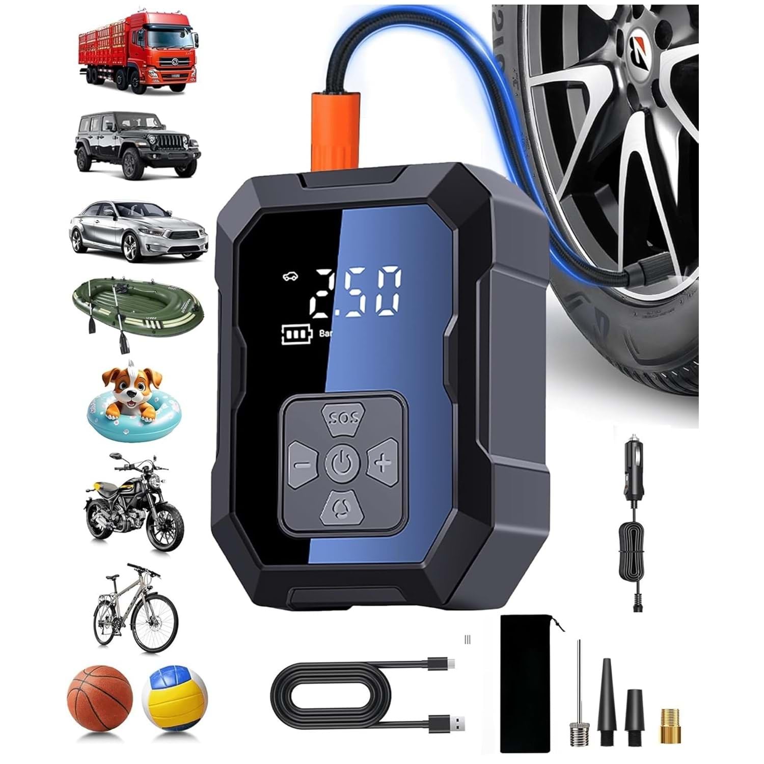AEE® 4000mAh Şarjlı Dijital Hava Kompresörü 150 PSI Taşınabilir Lastik Şişirme Pompası USB-C Powerbank Özellikli Akıllı Hava Basma Cihazı Oto Motosiklet Bisiklet Top Şişirme Kompresörü