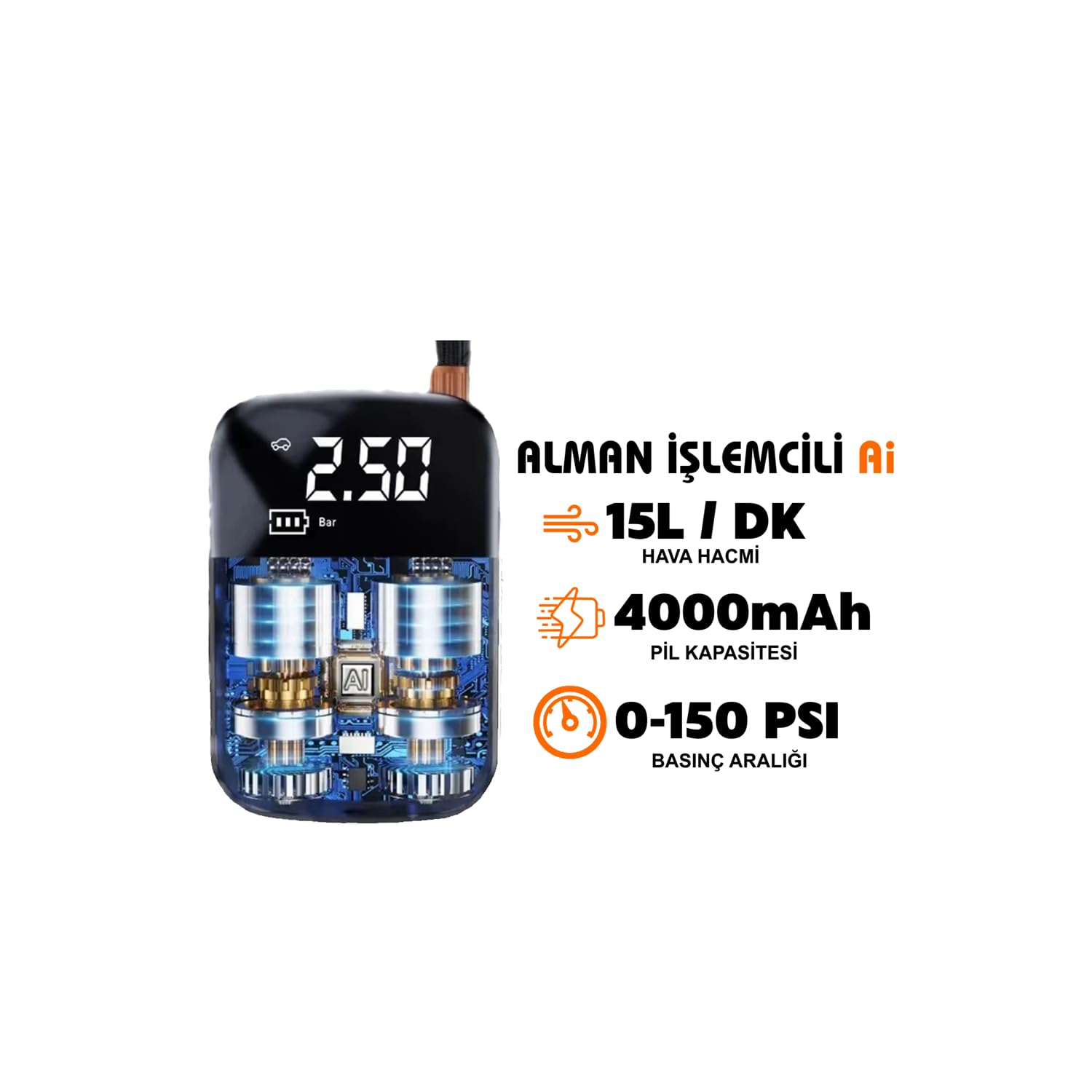AEE® 4000mAh Şarjlı Dijital Hava Kompresörü 150 PSI Taşınabilir Lastik Şişirme Pompası USB-C Powerbank Özellikli Akıllı Hava Basma Cihazı Oto Motosiklet Bisiklet Top Şişirme Kompresörü