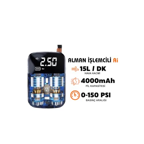 AEE® 4000mAh Şarjlı Dijital Hava Kompresörü 150 PSI Taşınabilir Lastik Şişirme Pompası USB-C Powerbank Özellikli Akıllı Hava Basma Cihazı Oto Motosiklet Bisiklet Top Şişirme Kompresörü
