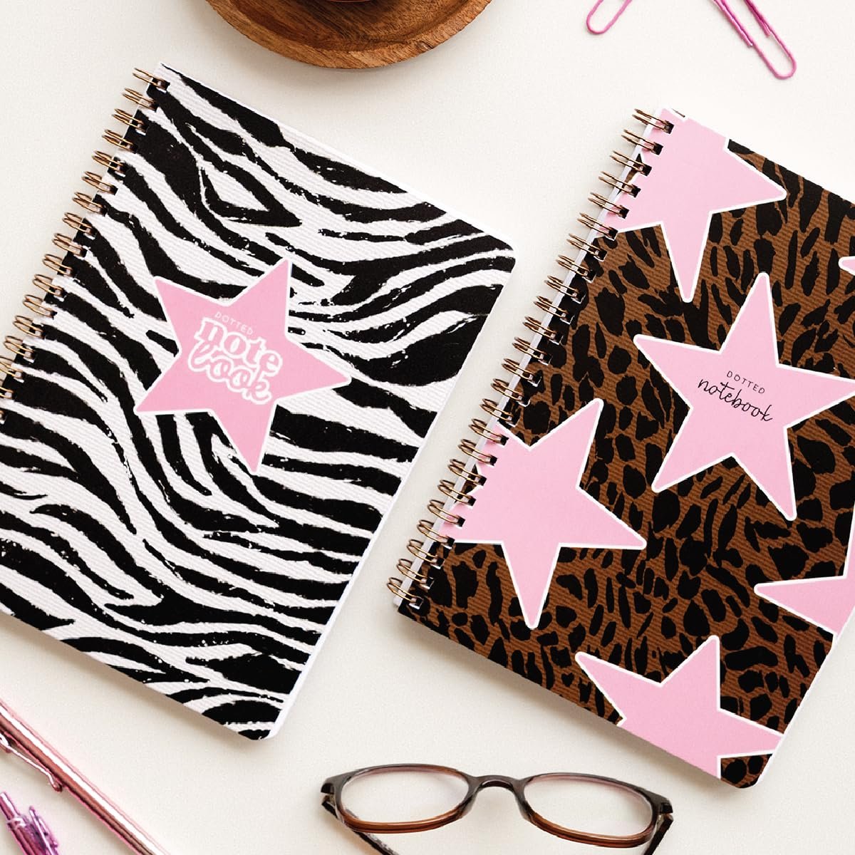A5 Spiralli Karton Kapak 2’li Set Noktalı Okul Defteri 80 yaprak, Ders Programlı Leopar Zebra Yıldız