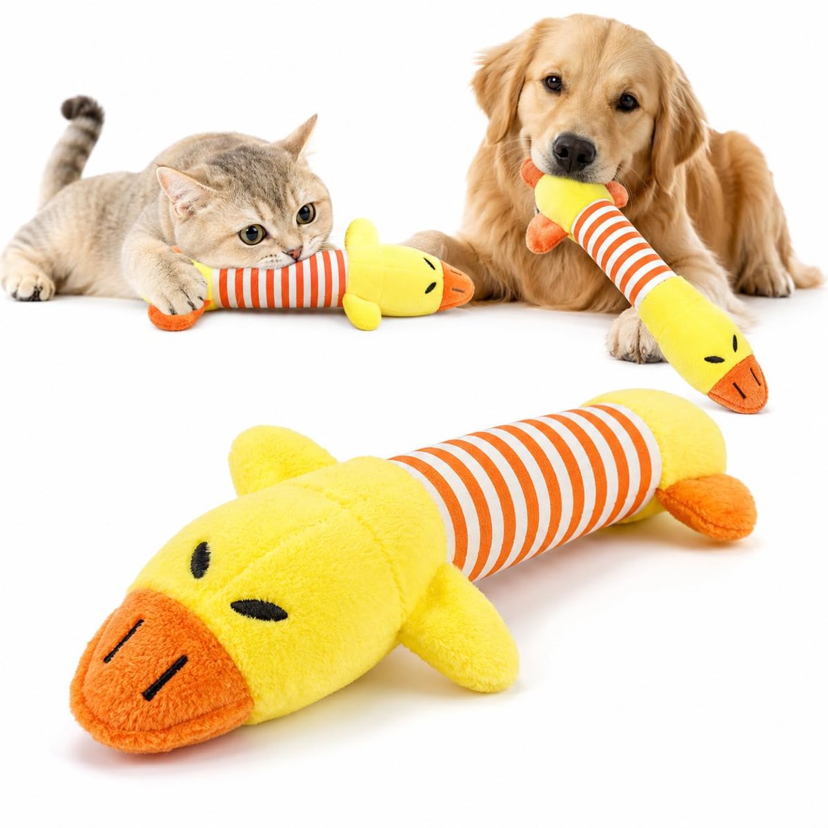 SOGUD Peluş Ördek Kedi Köpek Oyuncağı - Isırınca Ses Çıkaran İnteraktif Oyun Arkadaşı - Yumuşak Dokulu Çizgili Tasarım - Yavru ve Yetişkin Evcil Hayvanlar İçin - 25 x 10 x 4 cm - Sarı Turuncu