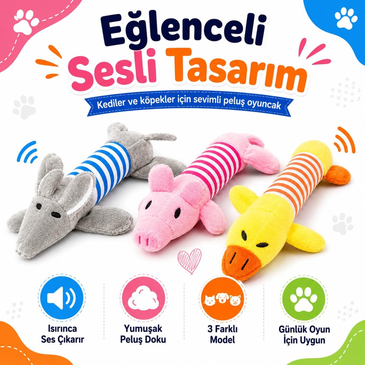 SOGUD Peluş Ördek Kedi Köpek Oyuncağı - Isırınca Ses Çıkaran İnteraktif Oyun Arkadaşı - Yumuşak Dokulu Çizgili Tasarım - Yavru ve Yetişkin Evcil Hayvanlar İçin - 25 x 10 x 4 cm - Sarı Turuncu