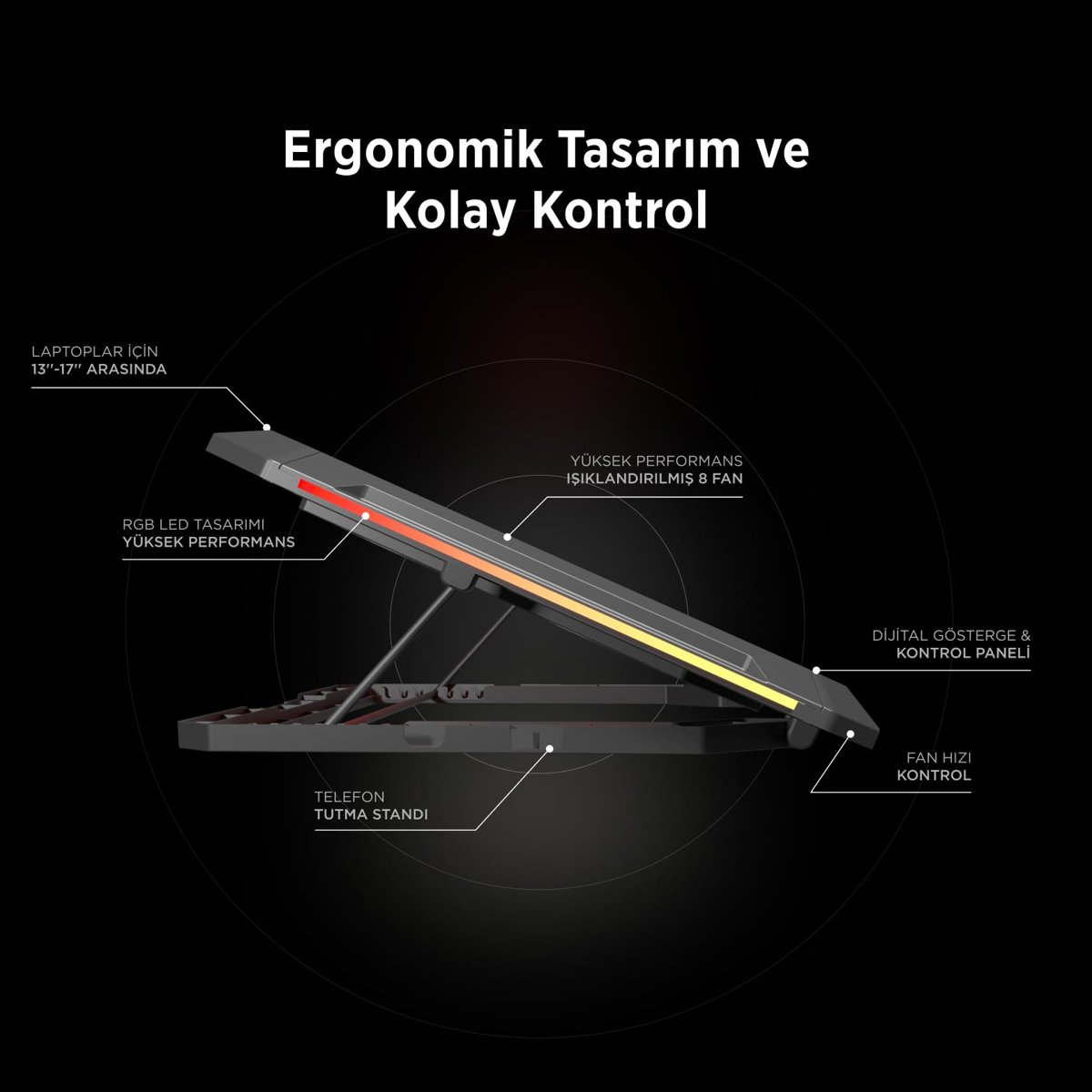 Rampage S51 Icevolt Siyah RGB Işıklı 8 Fanlı LCD Göstergeli 16 Kadar Yükselebilen Notebook Soğutucu