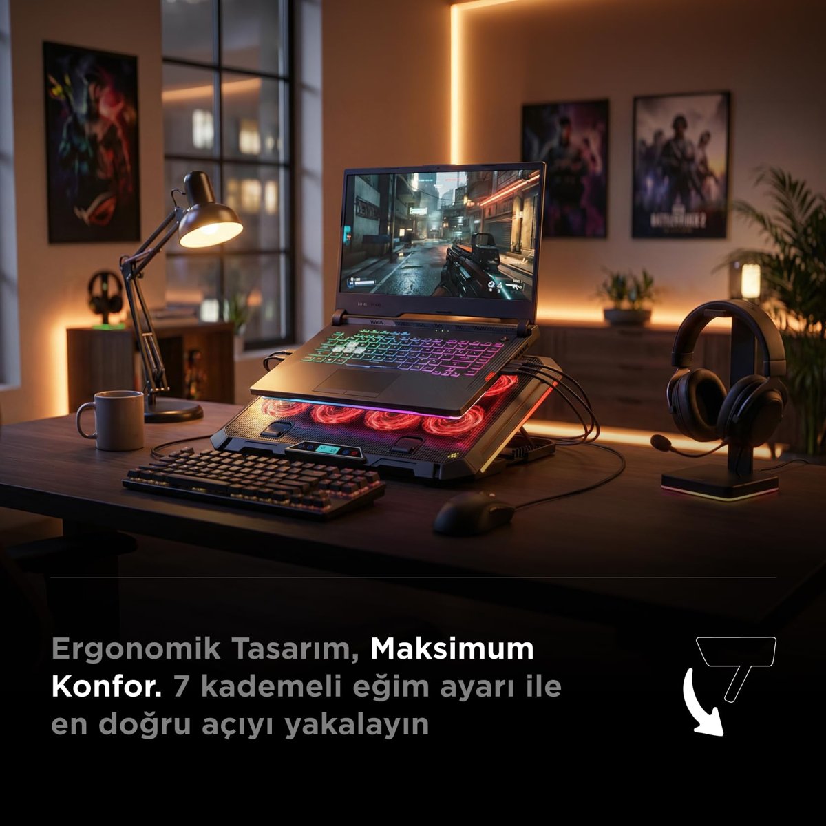 Rampage S51 Icevolt Siyah RGB Işıklı 8 Fanlı LCD Göstergeli 16 Kadar Yükselebilen Notebook Soğutucu