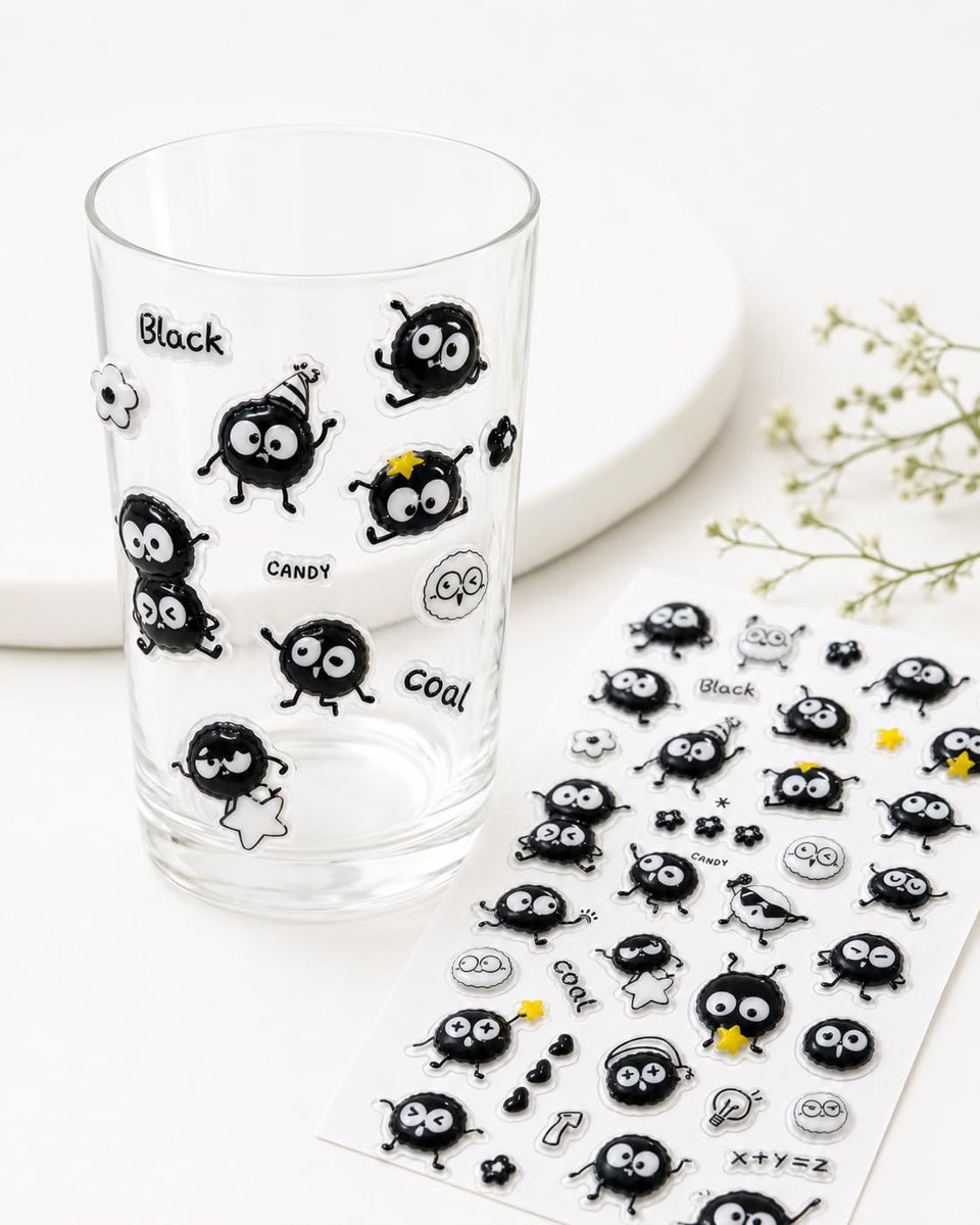 Kendinden Yapışkanlı Kabartmalı Sticker Seti – Sevimli Kömür Emoji Karakterli Dekoratif Çıkartma