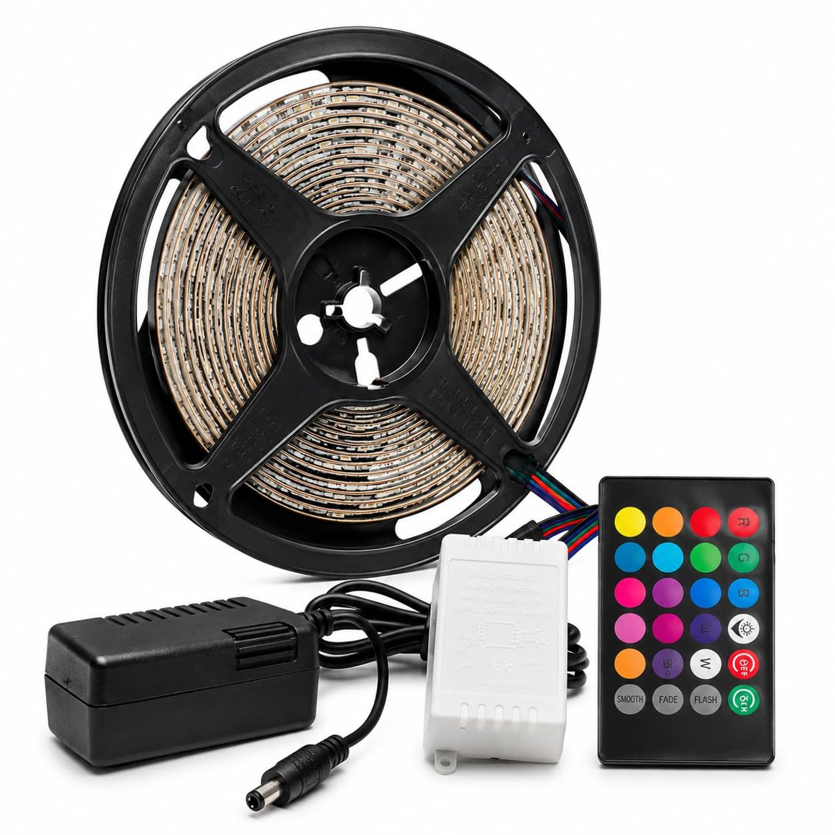 RGB LED Şerit Işık Seti 5 Metre – Kumandalı, 54 LED/m, 2835 SMD, Su Geçirmez, Adaptör ve Kontrol Ünitesi Dahil, TV Arkası, Oda, Tavan ve Dekoratif Aydınlatma