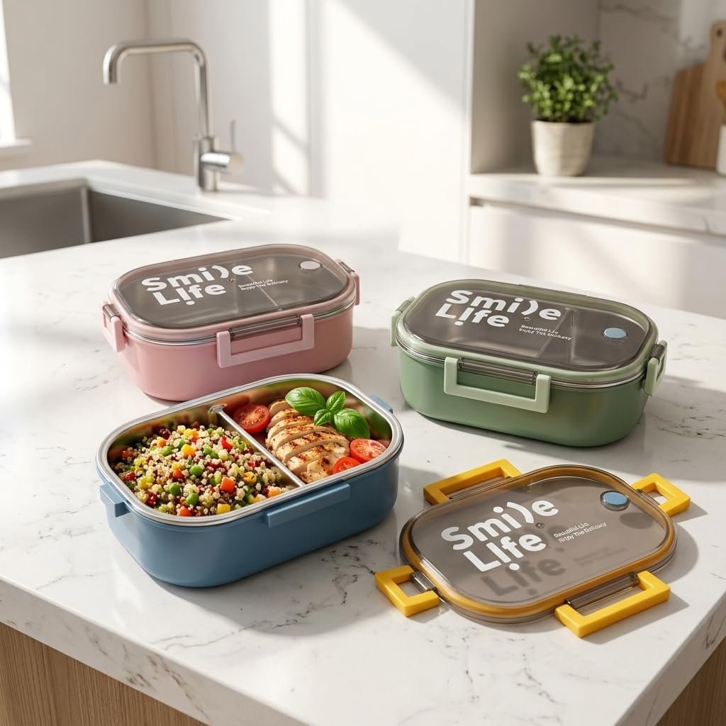 Deconox Paslanmaz Çelik Yemek Kabı 980 ml, Bölmeli İç Hazneli Kilitli Kapaklı Lunch Box, Mavi Yeşil Pembe Renk Seçenekli Taşınabilir Saklama Kabı, 21,5x15x7,8 cm