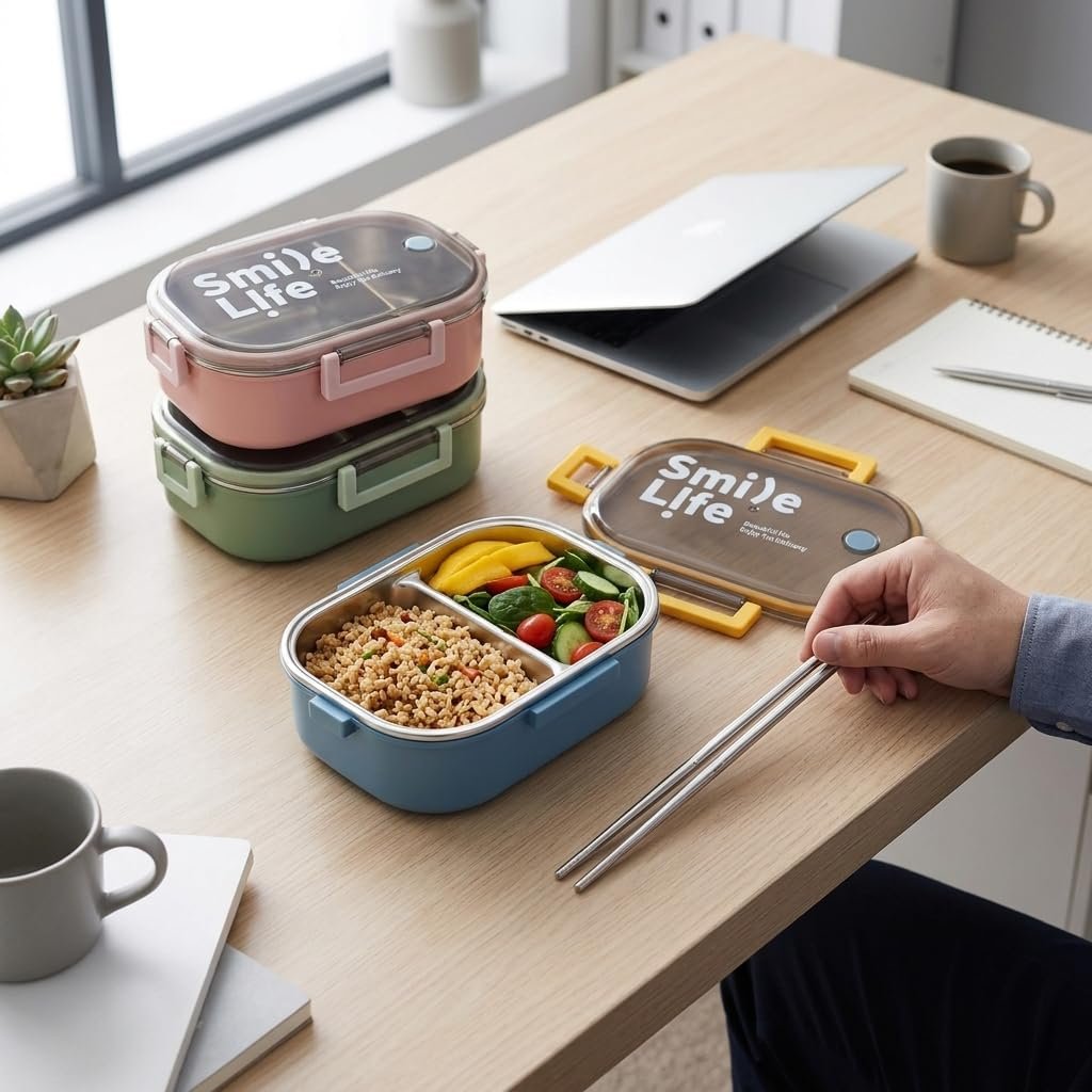 Deconox Paslanmaz Çelik Yemek Kabı 980 ml, Bölmeli İç Hazneli Kilitli Kapaklı Lunch Box, Mavi Yeşil Pembe Renk Seçenekli Taşınabilir Saklama Kabı, 21,5x15x7,8 cm
