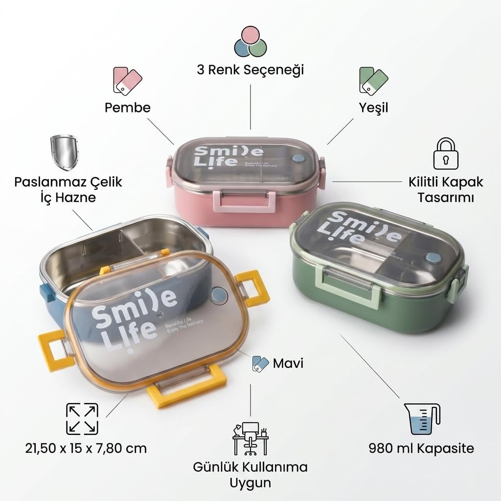 Deconox Paslanmaz Çelik Yemek Kabı 980 ml, Bölmeli İç Hazneli Kilitli Kapaklı Lunch Box, Mavi Yeşil Pembe Renk Seçenekli Taşınabilir Saklama Kabı, 21,5x15x7,8 cm