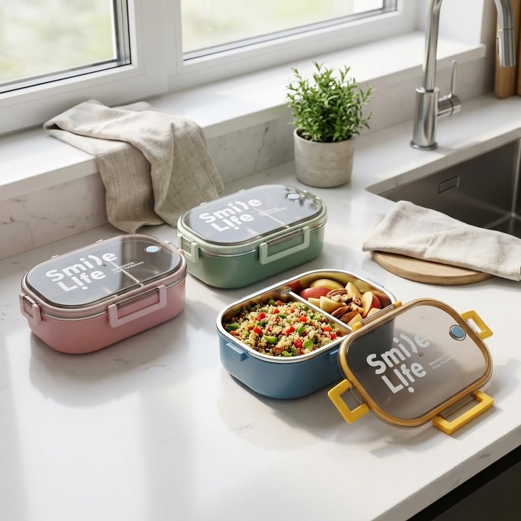 Deconox Paslanmaz Çelik Yemek Kabı 980 ml, Bölmeli İç Hazneli Kilitli Kapaklı Lunch Box, Mavi Yeşil Pembe Renk Seçenekli Taşınabilir Saklama Kabı, 21,5x15x7,8 cm