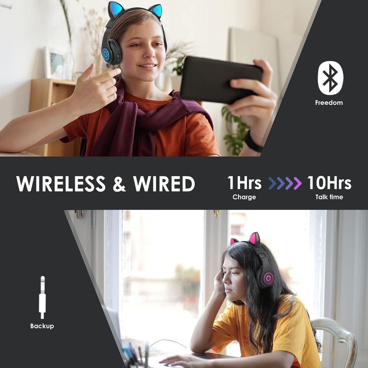 Kedili Kablosuz Bluetooth Kulaklık Led Işıklı Mikrofonlu Raydolu Fm Çocuk Kulaklığı, Kulak Üstü Sevimli Kedi Kulaklık LED Işıklı Katlanabilir Kablosuz Kulaklık Okul/Tablet/PC/Telefon (Siyah)