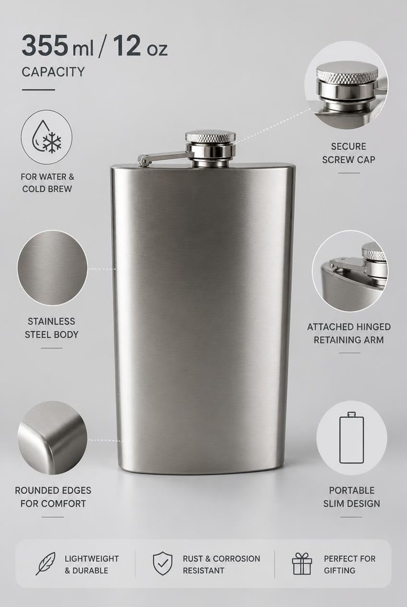Busstier 12 oz (355 ml) Paslanmaz Çelik Cep Matarası, Su ve Cold Brew İçin Metal Matara, Kamp Seyahat Piknik ve Günlük Kullanım İçin Vidalı Kapaklı Taşınabilir Şişe, Gümüş
