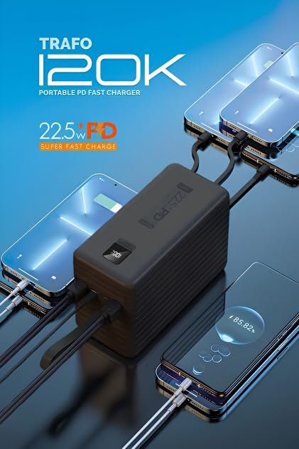 Gerçek 120.000 Mah Pd 22.5w Hızlı Şarj Dahili Kablolu Kamp Taşınabilir Güç Kaynağı Siyah Trafo Powerbank