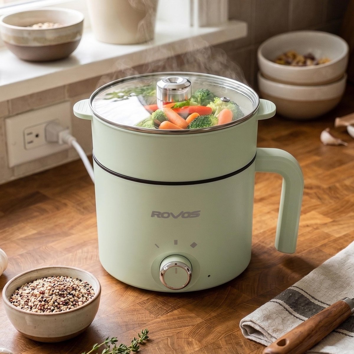 Pikas ROVOS RV-5100 Elektrikli Mini Tencere 1,8 L, Buharlı Pişirme Aparatlı, Yapışmaz Tencere, Ramen, Makarna, Çorba ve Yemek Pişirici