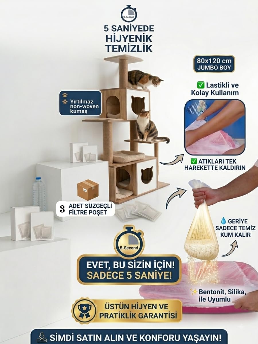 3'lü Elekli Kedi Kumu Filtresi Poşeti (80x120 cm Jumbo Boy), Lastikli ve Yırtılmaz Kedi Tuvaleti Temizleme Filesi, Açık ve Kapalı Kedi Tuvaletleri ile Uyumlu Pratik Elek
