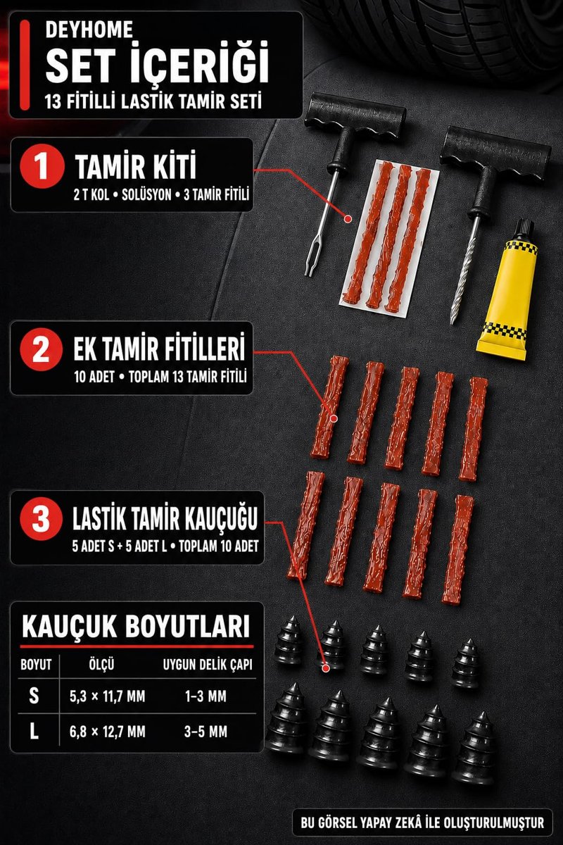 3'lü Set 13 Fitilli Tubeless Oto Lastik Tamir Kiti – T Kollu Aparat, Solüsyon ve Lastik Tamir Kauçuğu