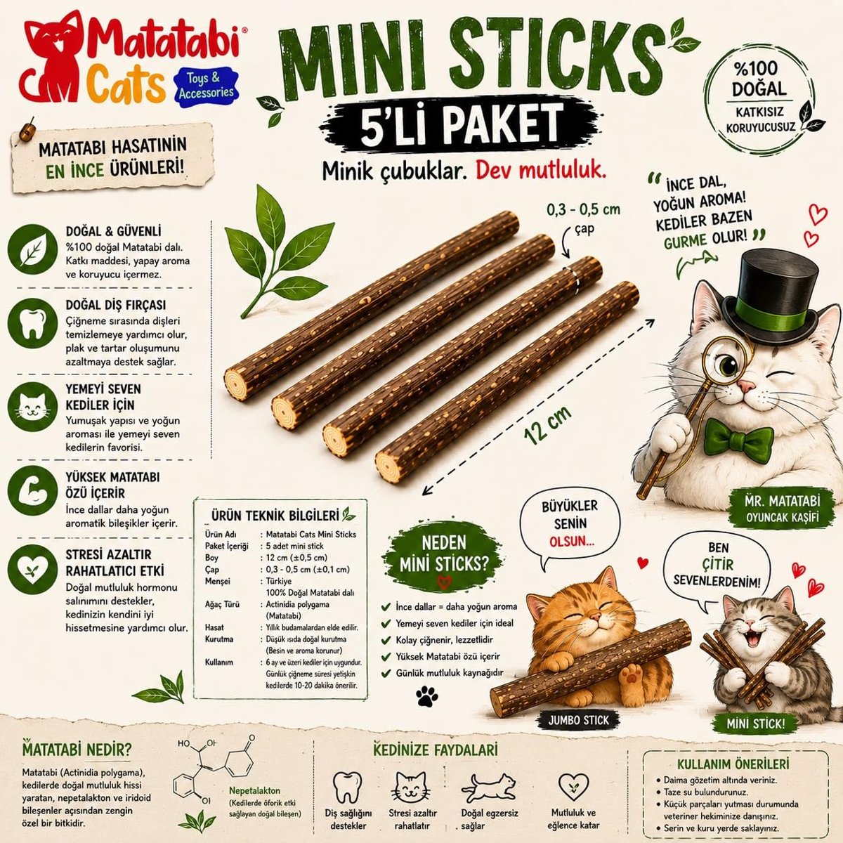 Mini Sticks 5’li |Doğal ince Matatabi çubuğu Kedi Oyuncağı | İnce Çiğneme Çubuğu | Kedi Diş Bakımı | 12 cm