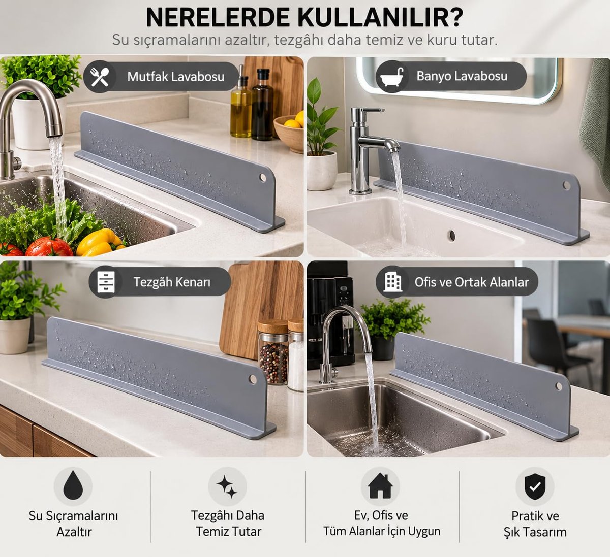 Gri Lavabo Önü Su Sıçrama Önleyici Bariyer Tezgah Koruyucu 42cm