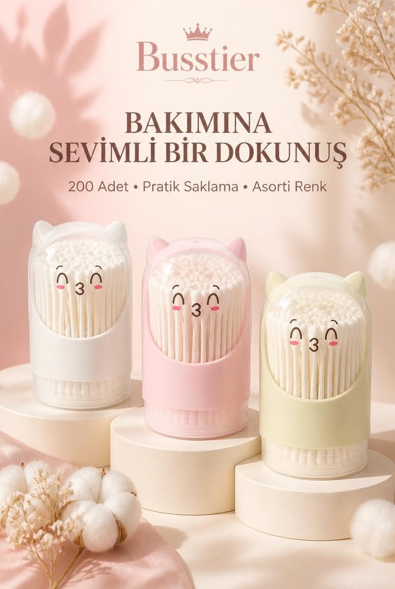Busstier Kulak Temizleme Çubuğu, Kutulu Pamuklu Çubuk, Günlük Kişisel Bakım ve Temizlik İçin 200 Adet, Kedi Figürlü Saklama Kutusu, Asorti Renk, 1 Kutu