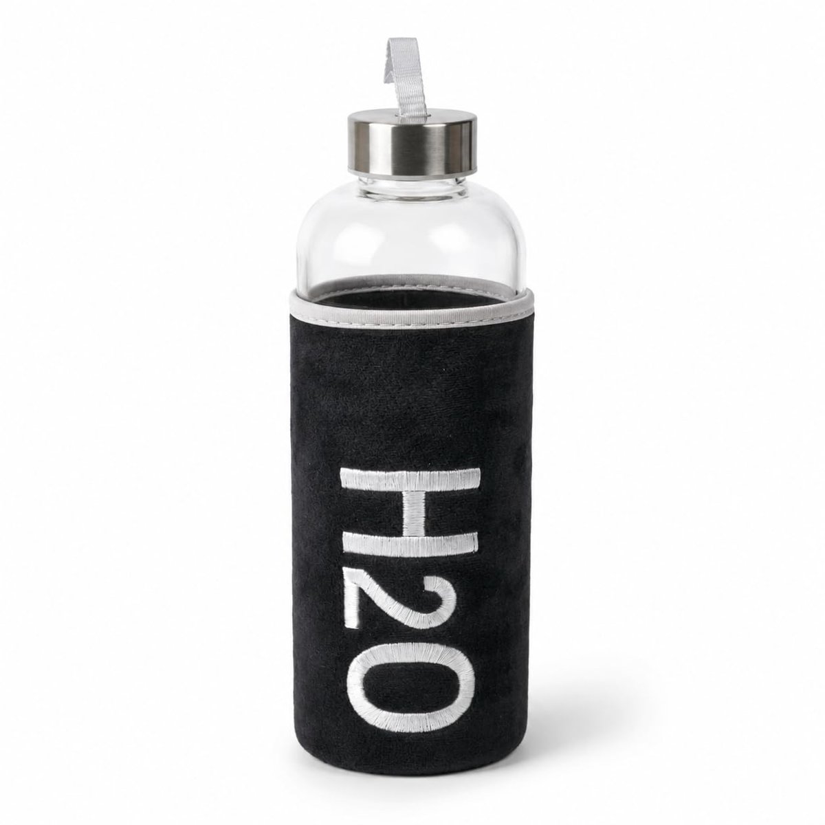 Deconox Peluş Kılıflı Cam Matara 600 ml, Siyah H2O Nakışlı Kılıf, Taşıma Askılı Metal Görünümlü Vidalı Kapak, 8 × 24 cm