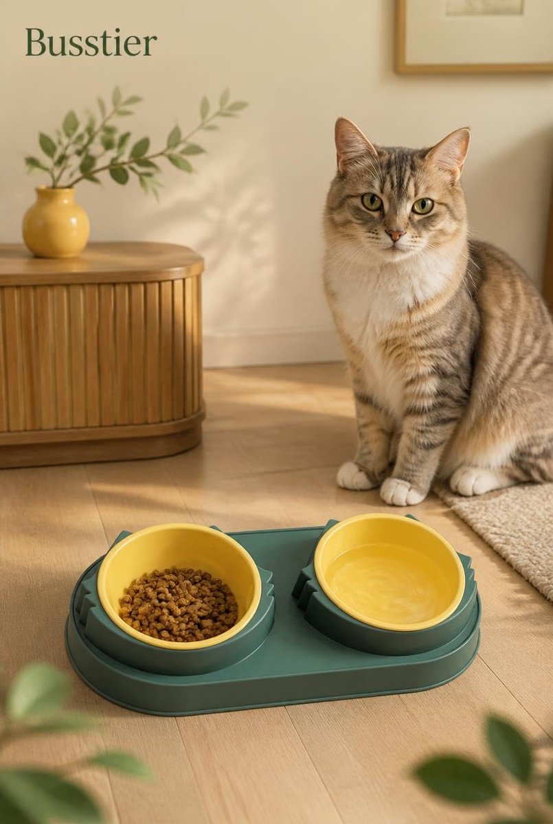 Busstier Plastik İkili Mama ve Su Kabı, Kedi ve Köpekler İçin Çift Hazneli Mama Kabı, 33 cm, 11,8 cm Çaplı 2 Kap, Yeşil