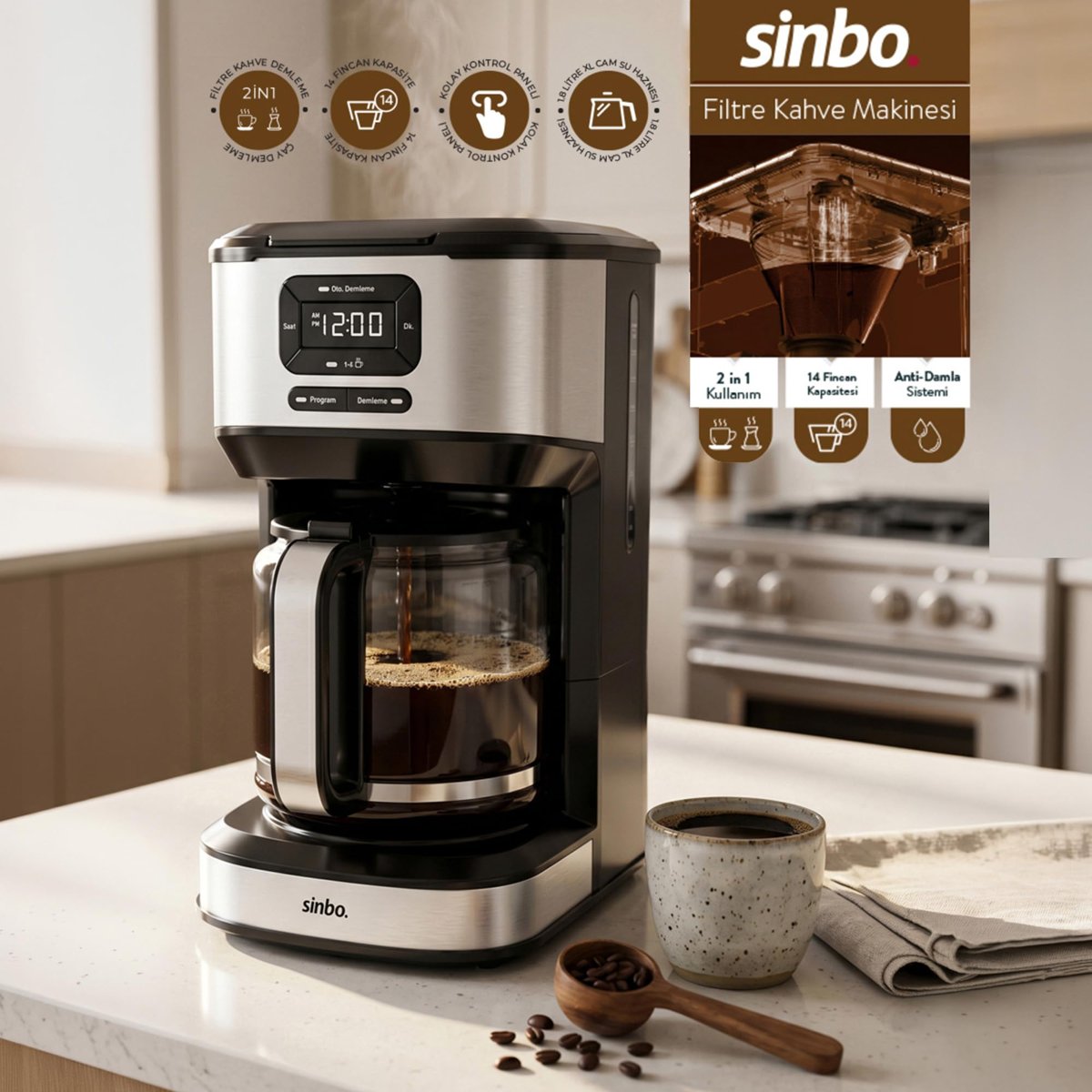 Sinbo SCM-9042 Otomatik Filtre Kahve Makinesi, 14 Fincan 1.8L Cam Hazne, Taşma Önleyici, Zaman Ayarlı, Yıkanabilir Hazne