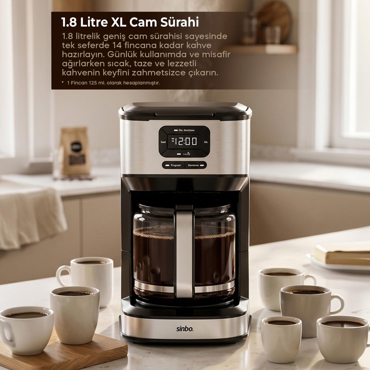 Sinbo SCM-9042 Otomatik Filtre Kahve Makinesi, 14 Fincan 1.8L Cam Hazne, Taşma Önleyici, Zaman Ayarlı, Yıkanabilir Hazne