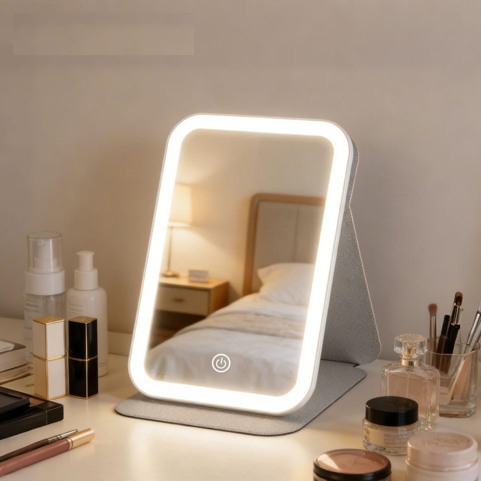 DUFFA LED Işıklı Katlanabilir Makyaj Aynası - 3 Renk Işık Modlu, Dokunmatik ve Ayarlanabilir Parlaklık (Kısılabilir) - Kılıflı Taşınabilir Seyahat Boy - Masaüstü Kozmetik Aynası