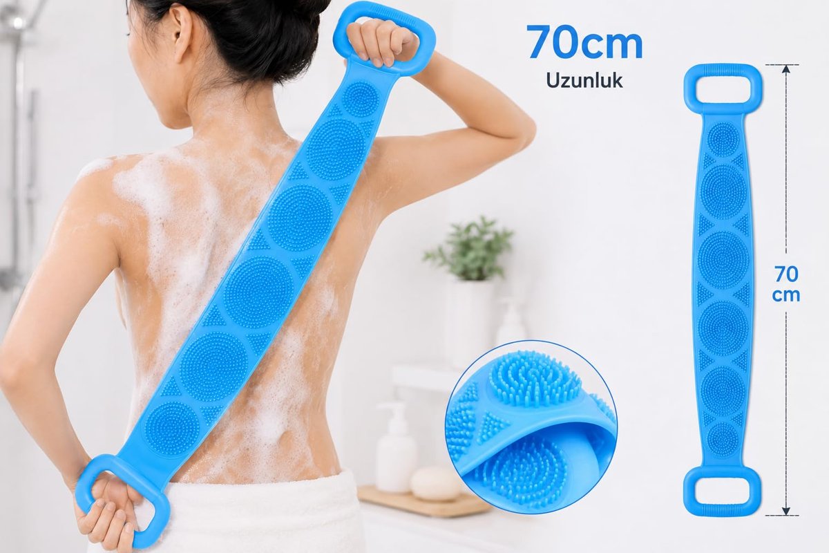 Silikon Sırt Kesesi – 70 cm Uzun Saplı, Vücut Duş ve Banyo Kesesi, Esnek Çift Taraflı Vücut Temizleme Fırçası, Karışık Renk