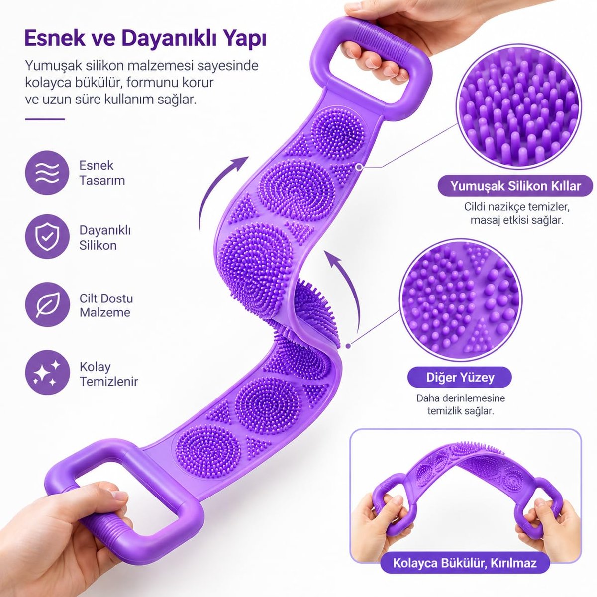 Silikon Sırt Kesesi – 70 cm Uzun Saplı, Vücut Duş ve Banyo Kesesi, Esnek Çift Taraflı Vücut Temizleme Fırçası, Karışık Renk