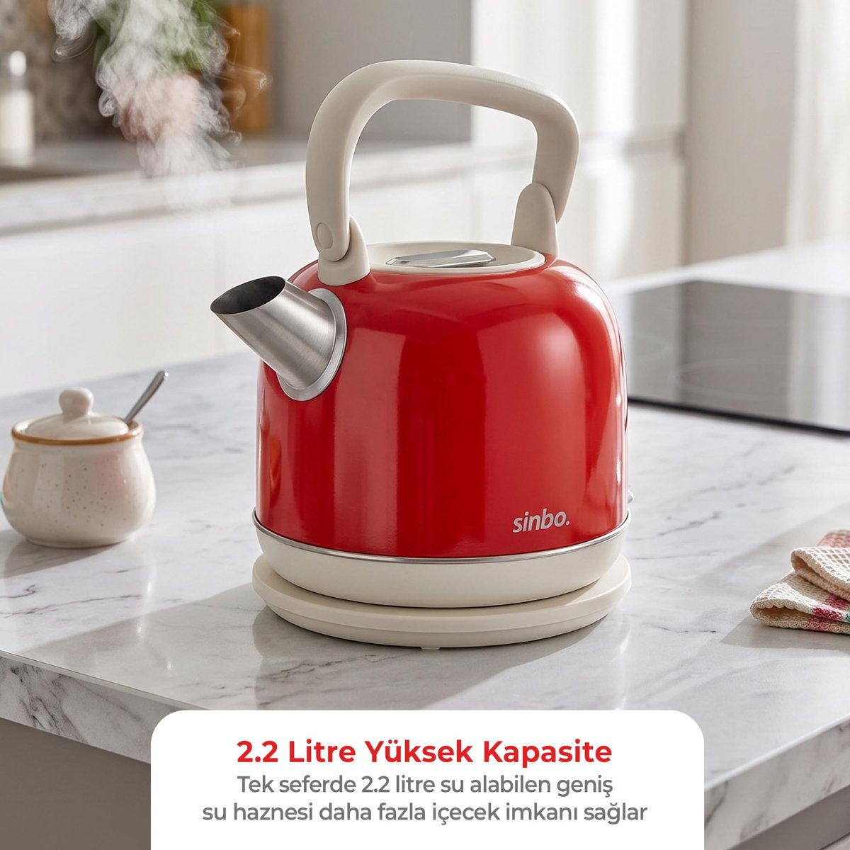 Sinbo SK-8035 Retro Kettle 2,2 L 1800 W, Paslanmaz Çelik Elektrikli Su Isıtıcı, 360° Kablosuz Döner Taban, Gizli Rezistans, Otomatik Kapanma, Kırmızı