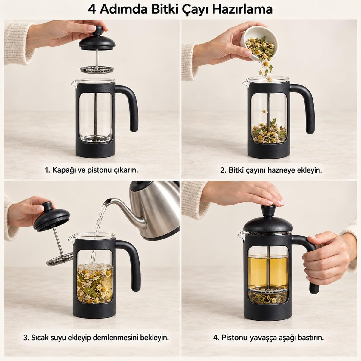 Deconox Borosilikat Cam French Press 350 ml, Siyah Çerçeveli Kavisli Saplı Pistonlu Demlik, Kahve ve Bitki Çayı Demleme Aparatı, Şeffaf Hazneli Manuel Kahve Demleyici, 1 Adet