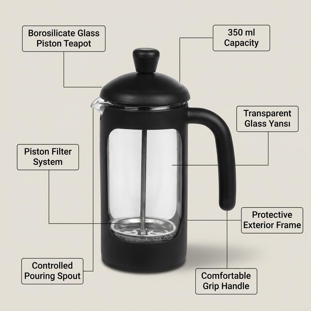Deconox Borosilikat Cam French Press 350 ml, Siyah Çerçeveli Kavisli Saplı Pistonlu Demlik, Kahve ve Bitki Çayı Demleme Aparatı, Şeffaf Hazneli Manuel Kahve Demleyici, 1 Adet