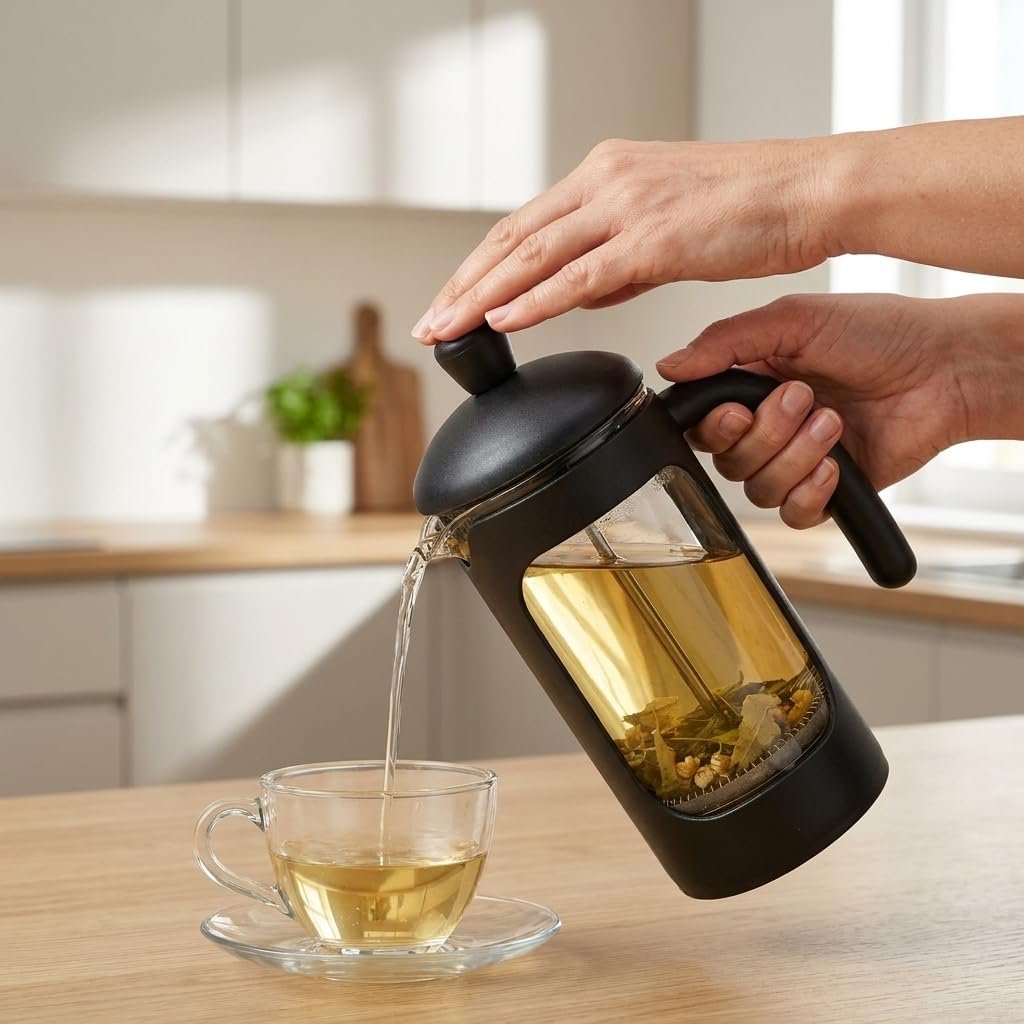 Deconox Borosilikat Cam French Press 350 ml, Siyah Çerçeveli Kavisli Saplı Pistonlu Demlik, Kahve ve Bitki Çayı Demleme Aparatı, Şeffaf Hazneli Manuel Kahve Demleyici, 1 Adet