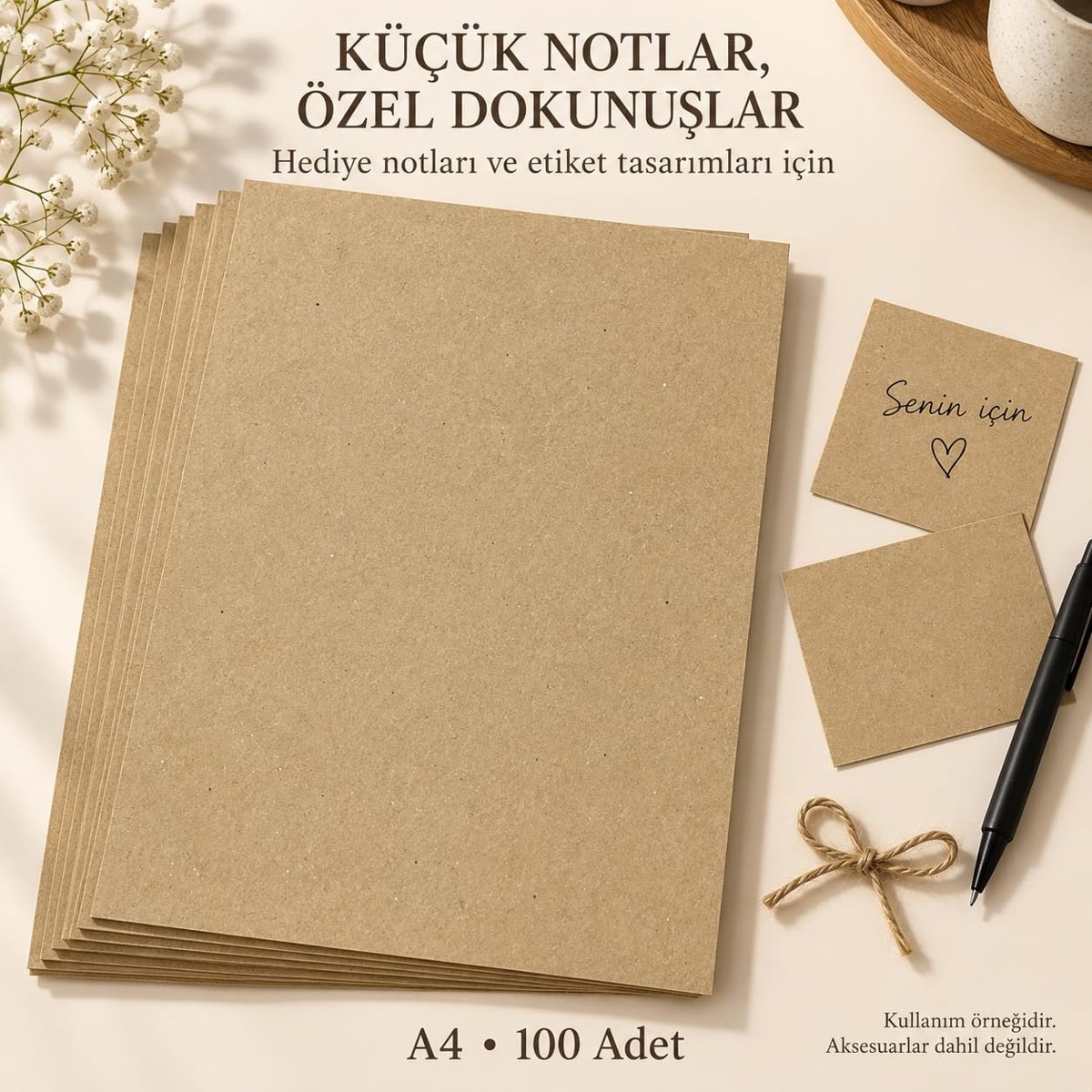 A4 Kraft Kağıdı, 100 Adet, 21 x 29,7 cm, Kahverengi, Hobi, El İşi, Çizim ve Hediye Notları İçin