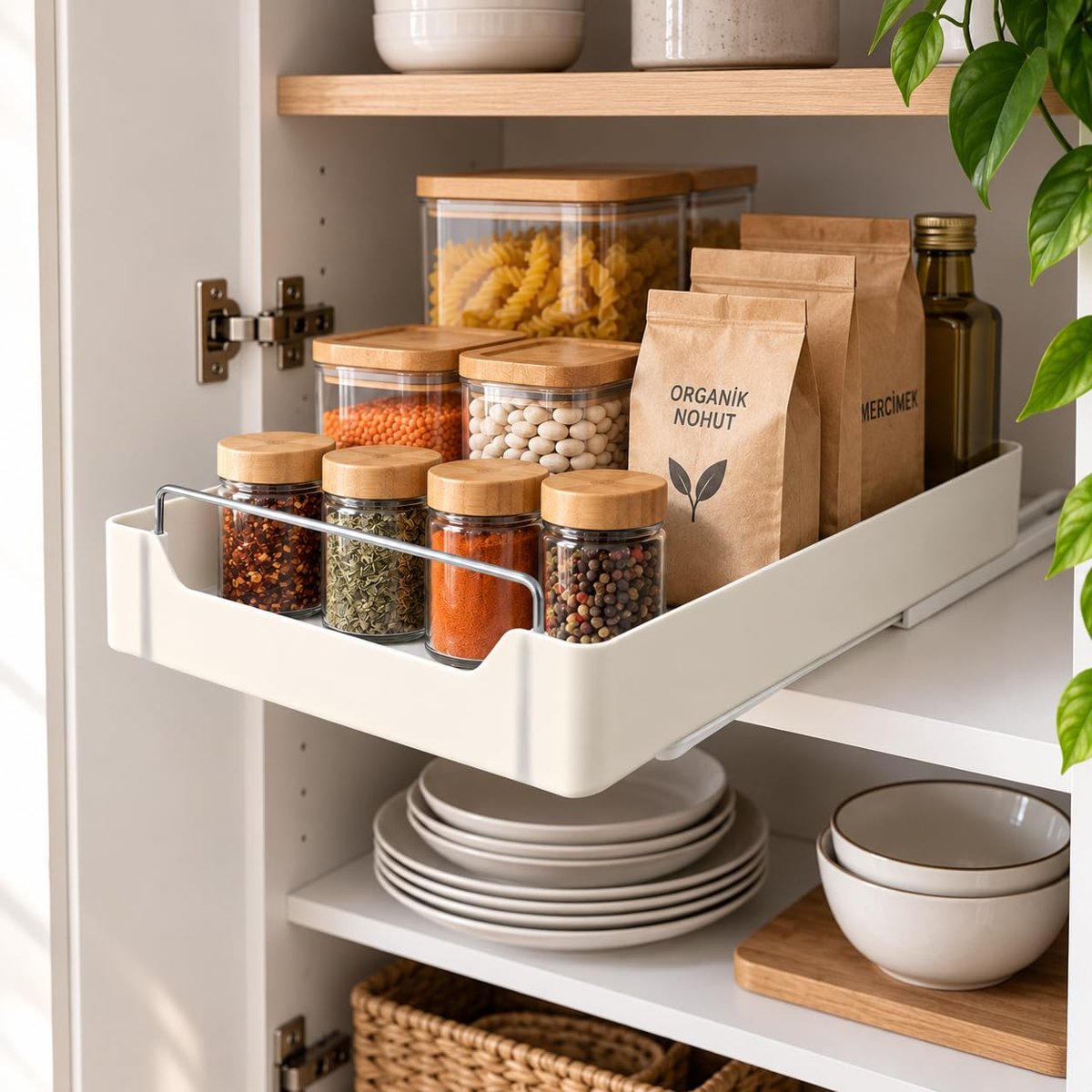 Orret Home Dolap İçi Raylı Organizer Çekmece 34 x 27 x 6,5 cm, Çekilebilir Plastik Dolap Düzenleyici, Mutfak Banyo Dolap İçi Organizer, Raylı Saklama Sepeti (Büyük)