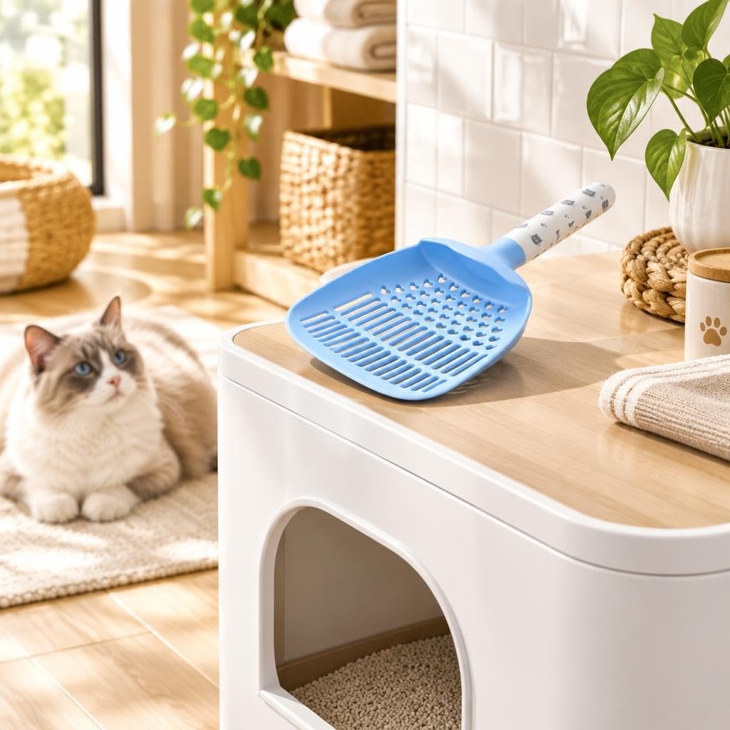 kedi kum küreği özel çift kademeli elek tasarımıyla evinizdeki tuvalet temizliğini hızlandırarak temiz kumların çöpe gitmesini tamamen önler ve size hijyenik bir ortam sağlar (Mavi)