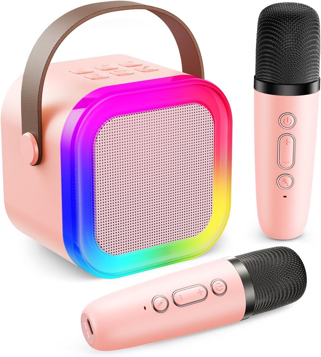 Robeve Blic 2 Mikrofonlu Çocuk Karaoke Hoparlör ve Bluetooth Hoparlör – LED Işıklı Mini Karaoke Seti, 6 Farklı Ses Efekti, Uzun Pil Ömrü, Taşınabilir Çocuk Mikrofonu ve Müzik Eğlence Seti Pembe