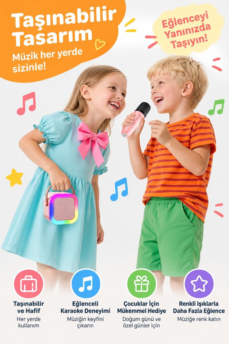 Robeve Blic 2 Mikrofonlu Çocuk Karaoke Hoparlör ve Bluetooth Hoparlör – LED Işıklı Mini Karaoke Seti, 6 Farklı Ses Efekti, Uzun Pil Ömrü, Taşınabilir Çocuk Mikrofonu ve Müzik Eğlence Seti Pembe