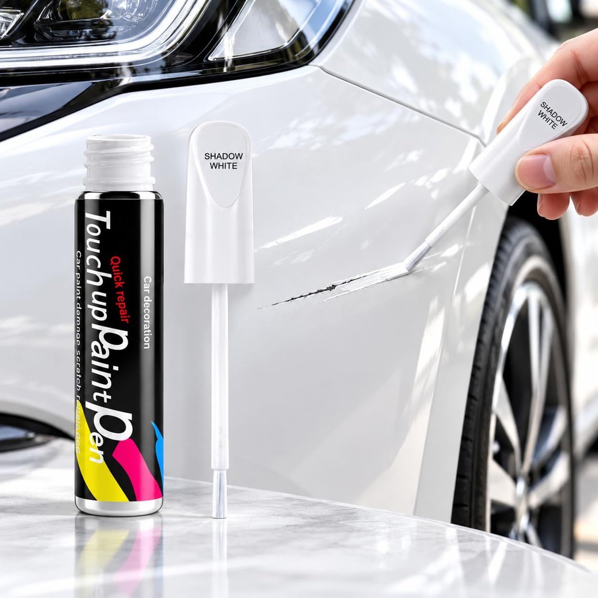 Touch Araç Çizik Rötuş Boya Kalemi 12 ml, 2'si 1 Arada İnce Fırçalı Oto Boya Tamir Kalemi, Çizik ve Sürtünme İzleri İçin Parlak Rötuş Boyası, Otomobil Motosiklet Kaporta Boya Onarım Kalemi (Beyaz)